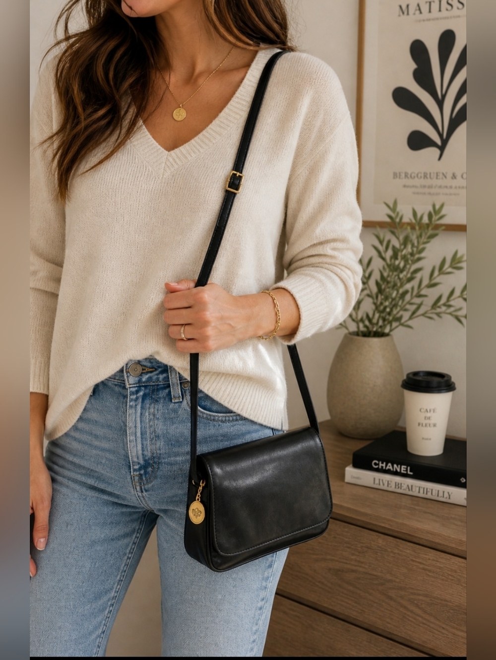 Peruzzi Firenze Black Leather Crossbody Bag Italian Minimalist Gold Hardware - Picture 2 of 16